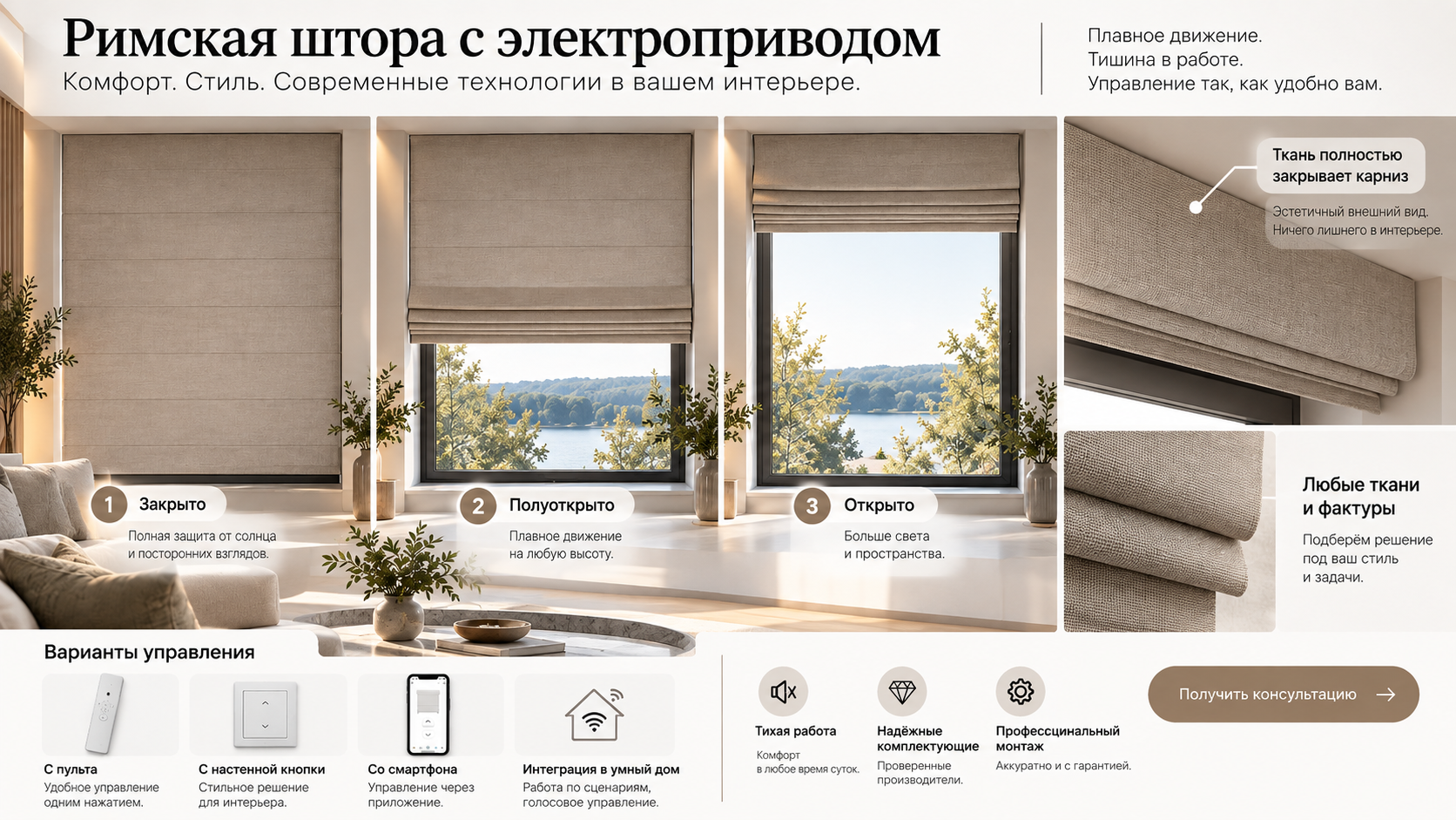 Визуализация римской шторы с электроприводом в закрытом, промежуточном и открытом положениях